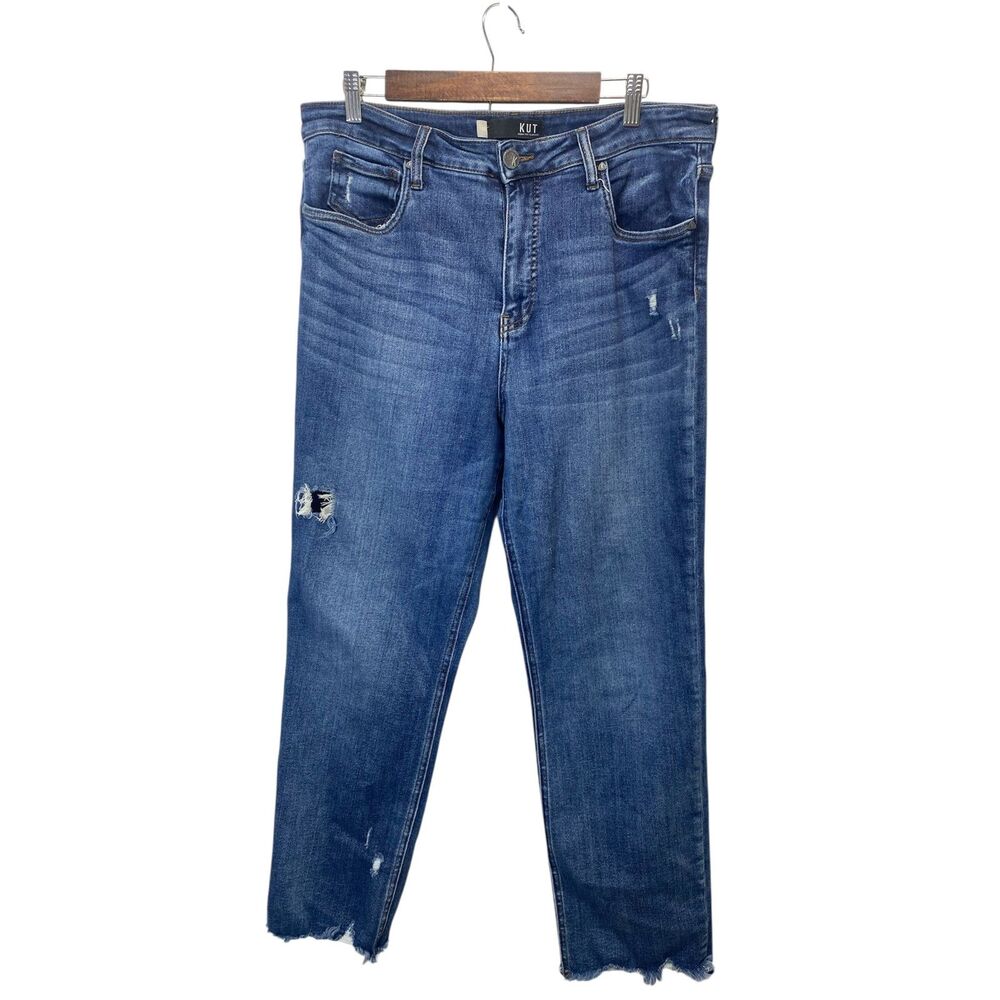 Kut from the Kloth High Rise Jeans Women's Sz 16 L Blue Straight Ripped Raw Hem